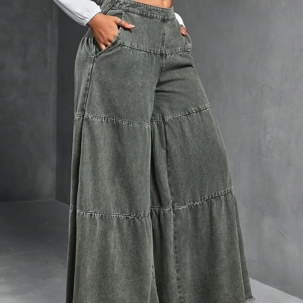 Army Green Women's Loose Boyfriend Style Distressed Hem Patchwork Denim Jeans